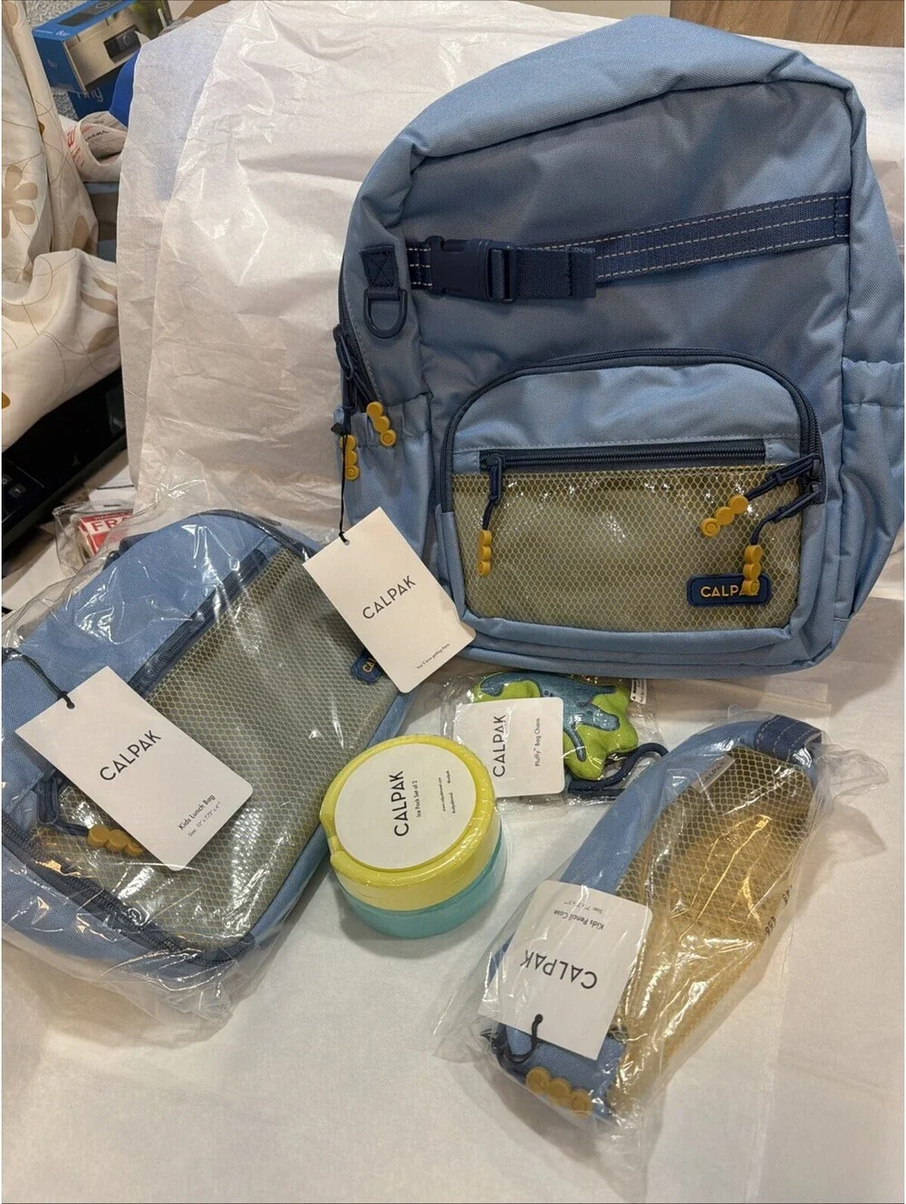 Calpak Kids Backpack Bundle Blue  Lunch Bag Pencil Case Dinosaur Pluffy NWT